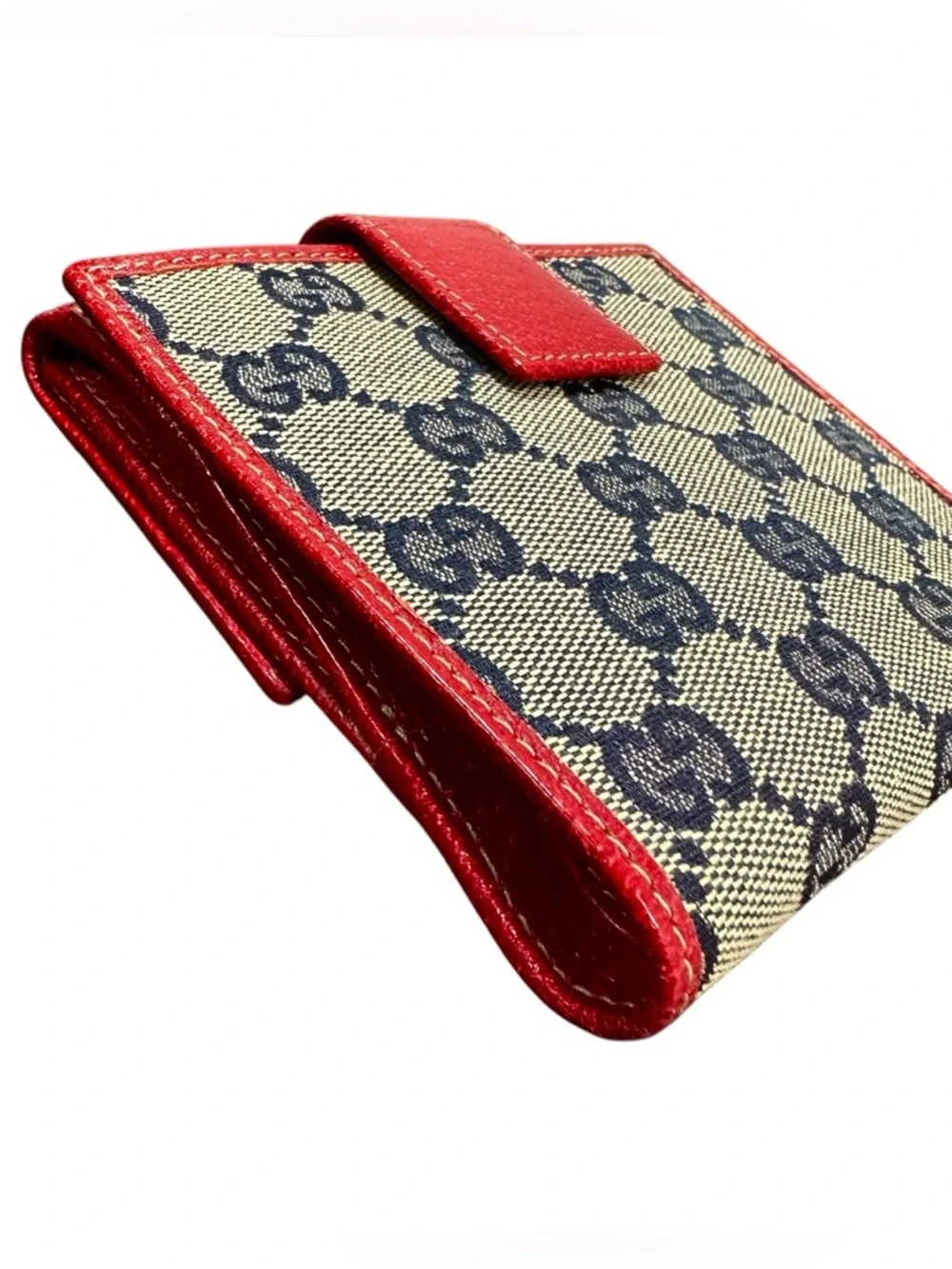 Gucci GG Monogram Navy Canvas & Red Leather Boot Charm Compact Bifold Wallet - Picture 8 of 16